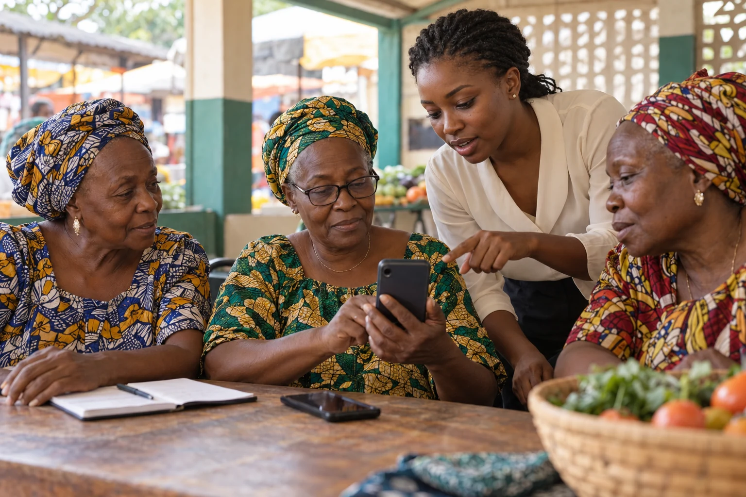 Illustration de femmes commerçantes seniors apprenant à utiliser un smartphone avec une formatrice