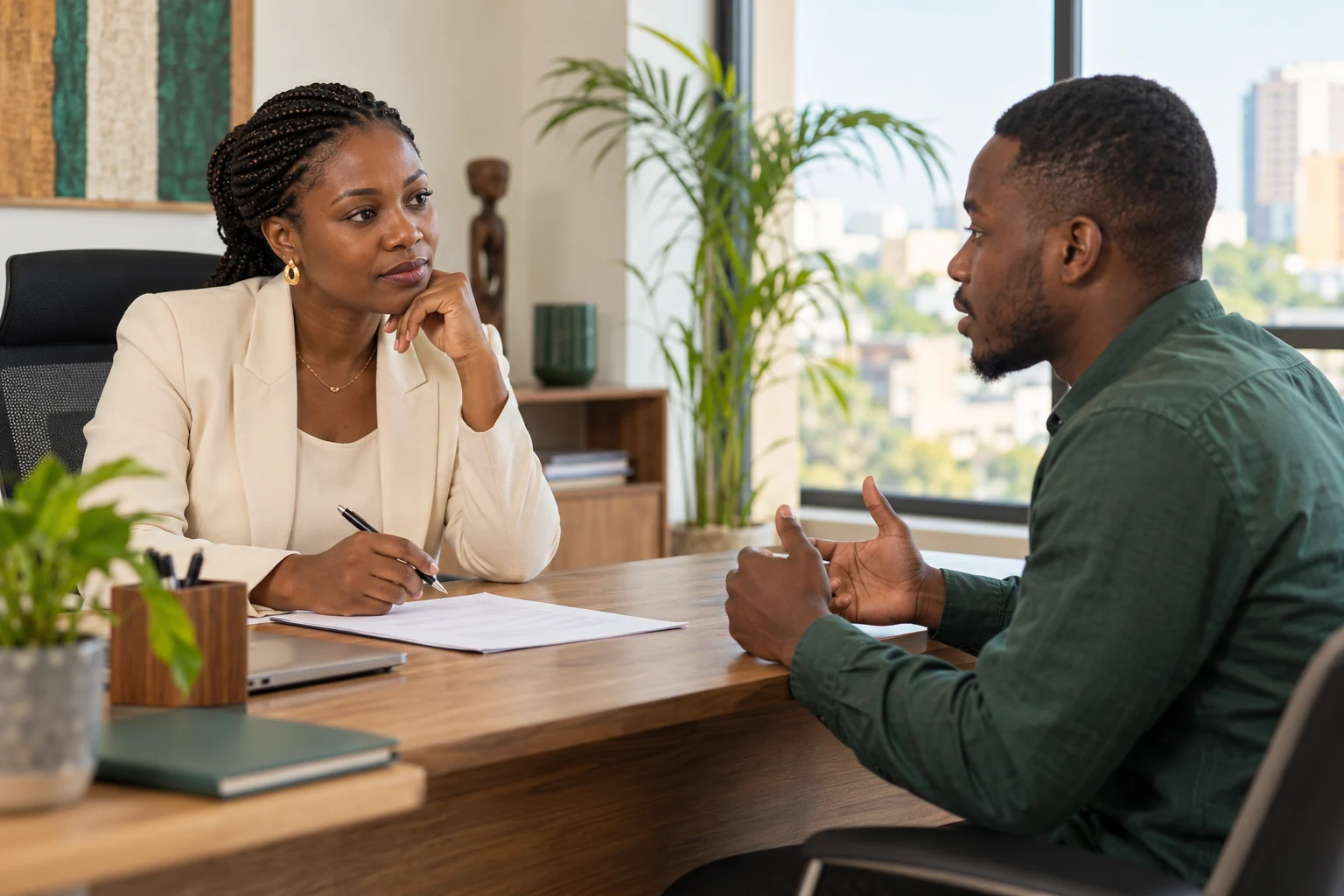 Illustration d’un entretien entre une recruteuse et un candidat commercial
